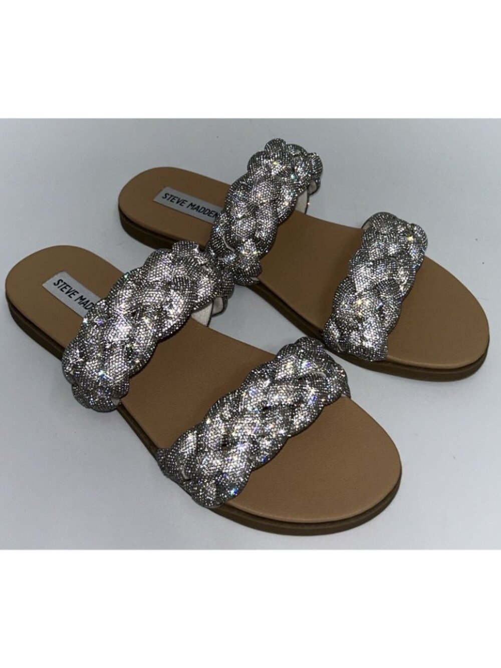 Steve Madden Slide Sandals Braided Rhinestone Silver Bling Women 9.5 MINT W/box - Picture 5 of 14
